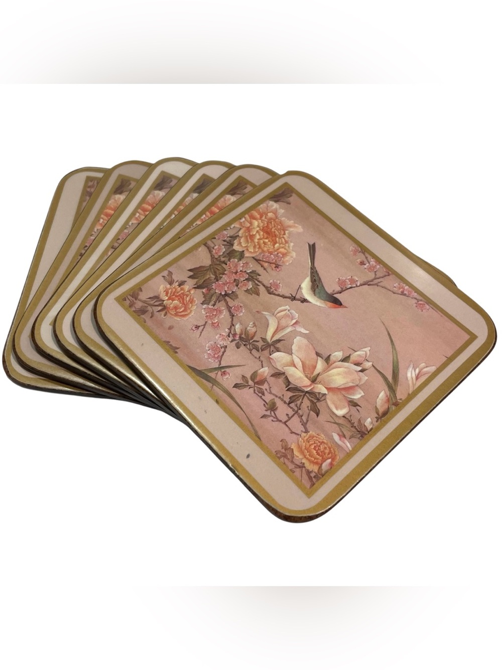 Vintage 1970 Pimpernel England "Oriental Birds and Flowers" Cork-Backed Coasters